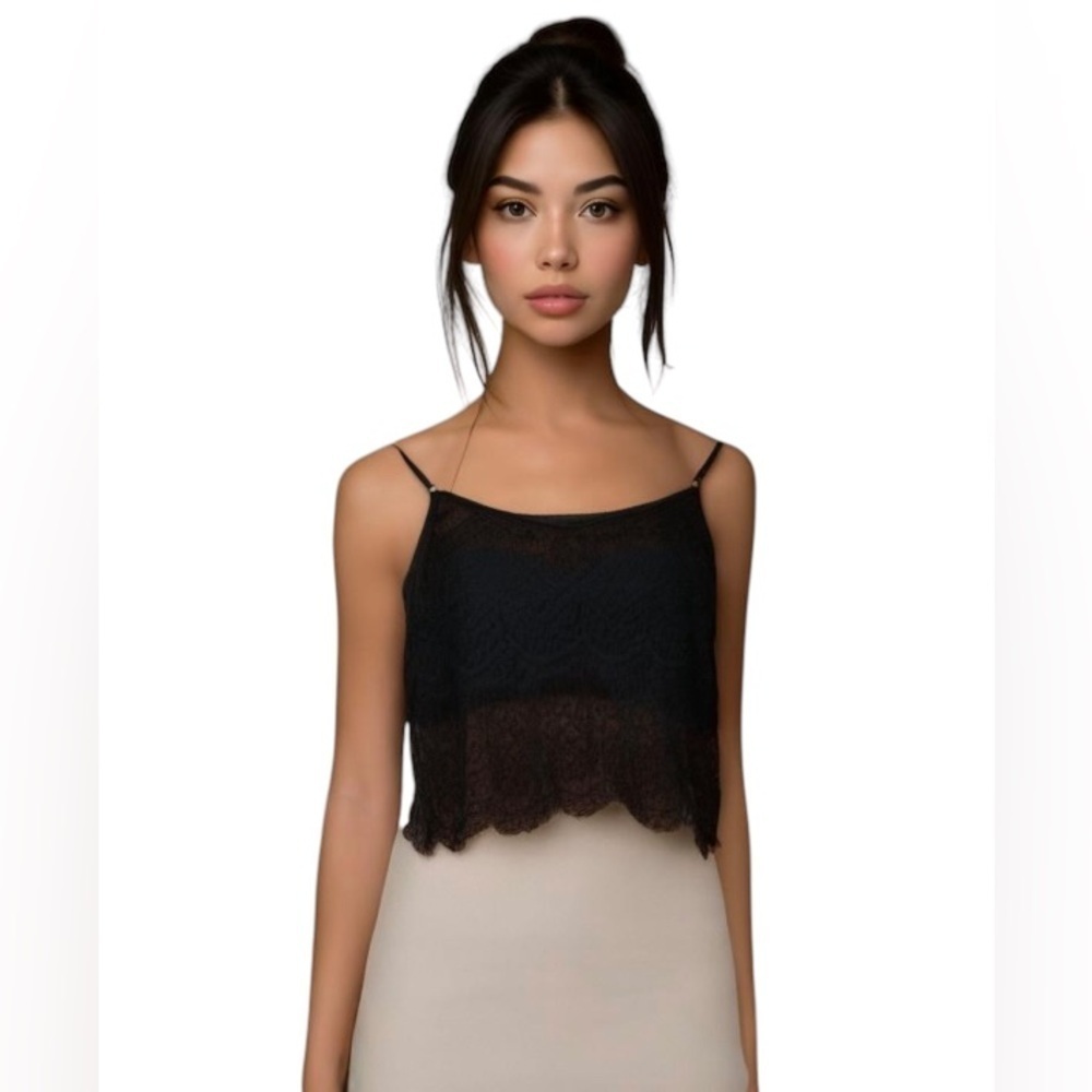 Black Cropped Lace Sheer Front Lined Tank Top S